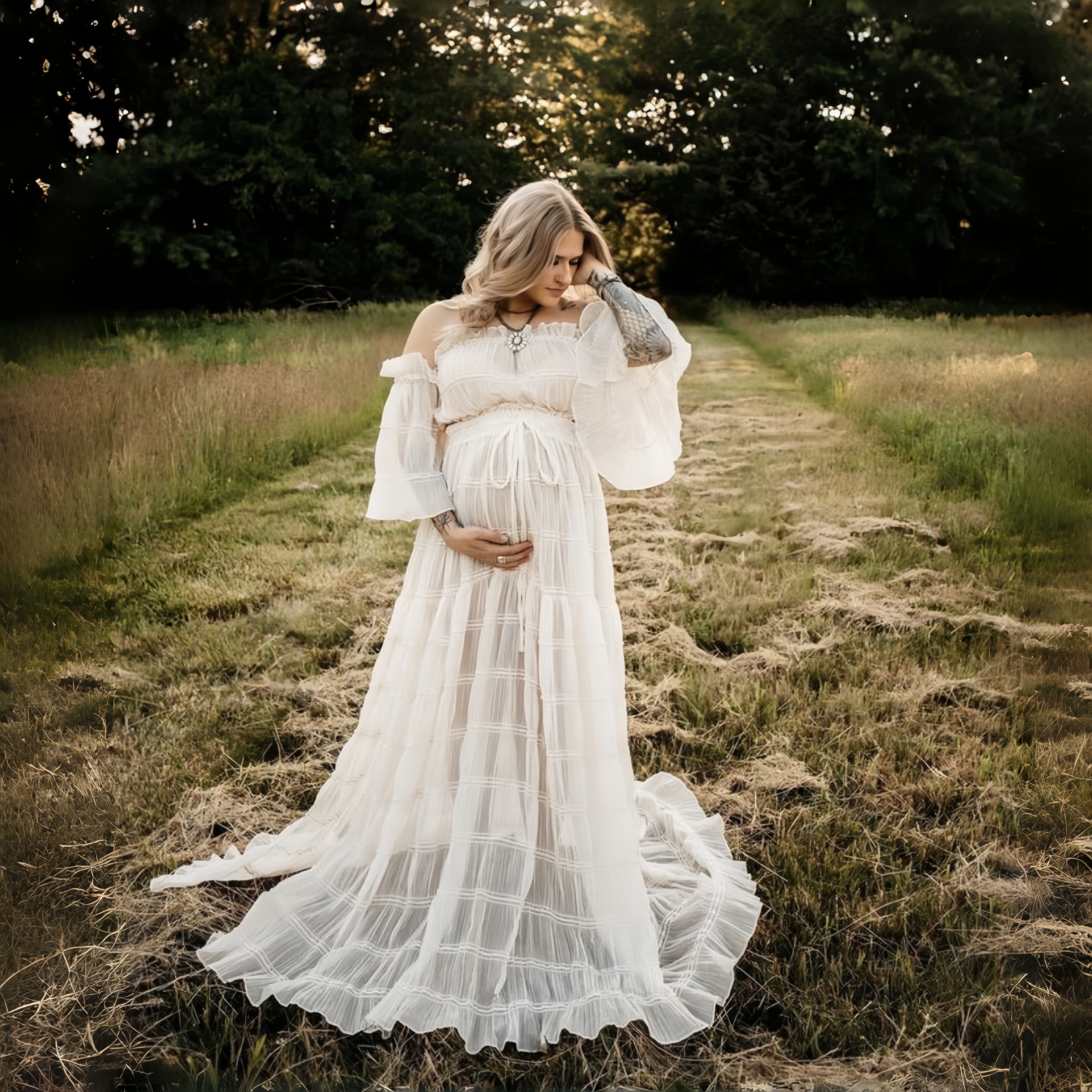 White Pleated Chiffon Maternit - đánh giá và giá Photography Outfits